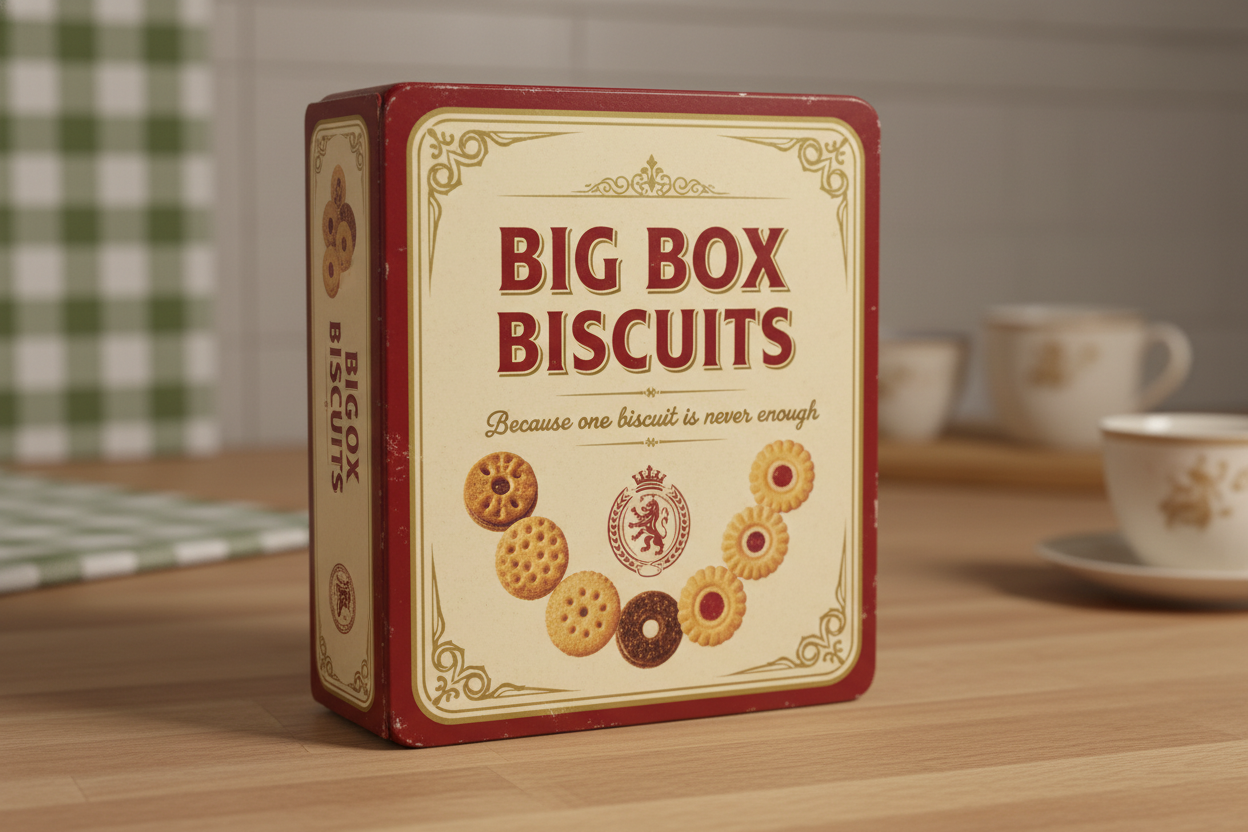 A Retro box of biscuits branded Big Box Biscuits with the slogan ' Because one biscuit is never enough'