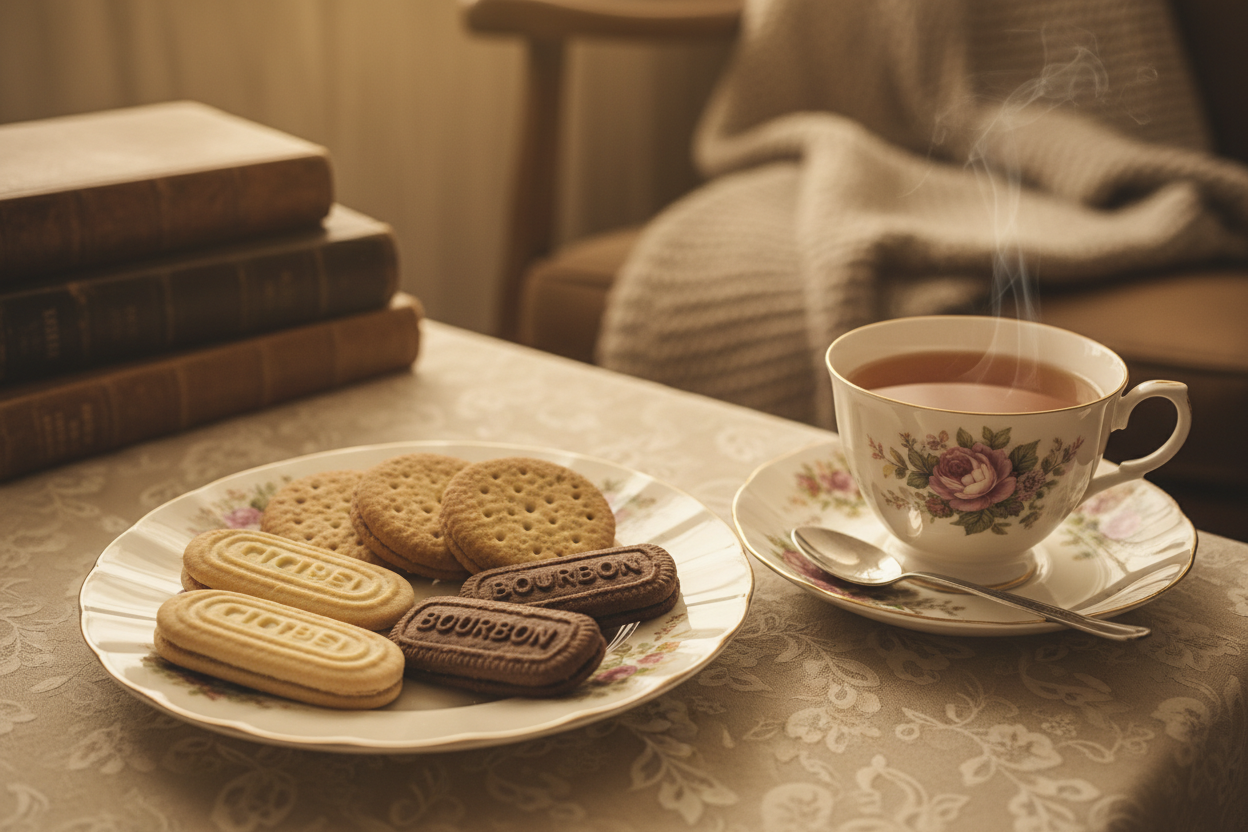 Retro biscuits next to cup of tea